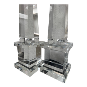 Pair of Monumental Optical Crystal Obelisks on Sphere Supports, 20 Inches High