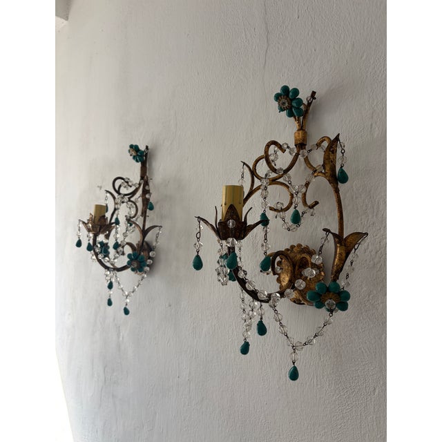French Provincial French Turquoise Green Murano Beads Rock Crystal Swags Sconces For Sale - Image 3 of 7