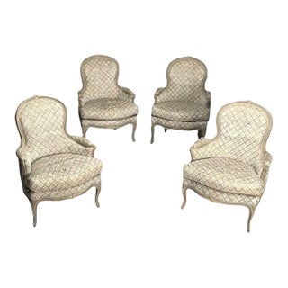 Louis XV Style, Bergère Chairs, Grey Painted Wood, Fabric, France, 1890 For Sale