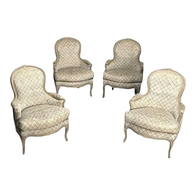 Louis XV Style, Bergère Chairs, Grey Painted Wood, Fabric, France, 1890 For Sale