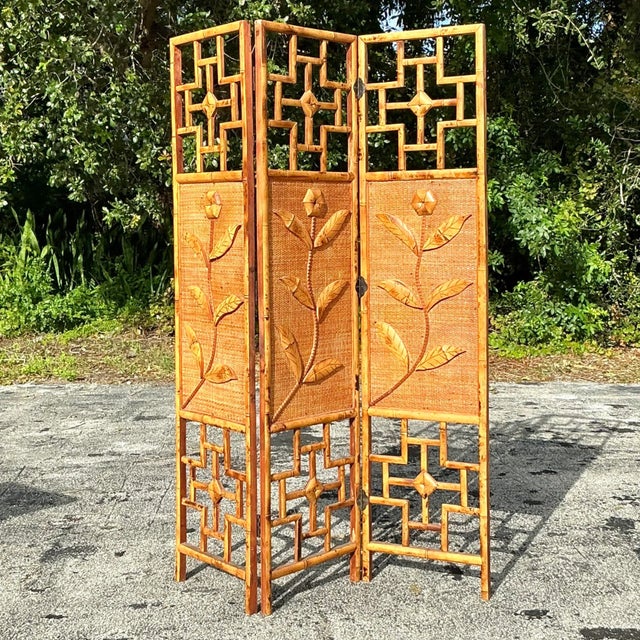 Coastal Vintage Coastal Woven Rattan Flowers Screen For Sale - Image 3 of 5