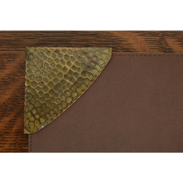 Roycroft Arts & Crafts Brass Finished Hammered Copper Blotter Corners With Leather Desk Blotter For Sale In South Bend - Image 6 of 13
