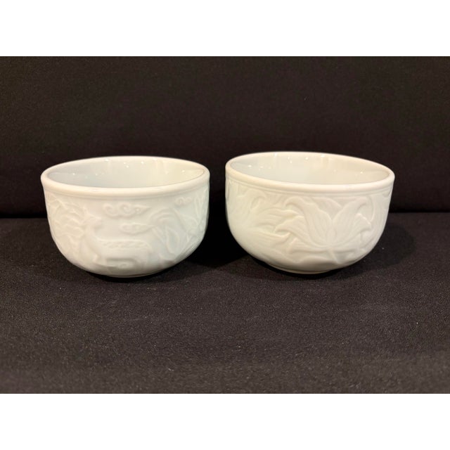 Asian Late 20th Century Celadon Porcelain Bowls With Wildlife and Floral Raised Relief Motifs - A Pair For Sale - Image 3 of 10