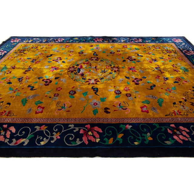 Textile 1920s Antique Peking Chinese Wool Rug Handmade With Floral Design in Goldenrod For Sale - Image 7 of 9