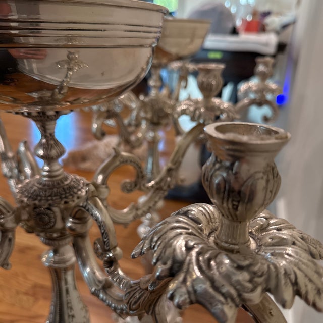 Pair of Ornate Rococo-Style Silver-Plated 5-Arm Candelabras With Epergne Bowl For Sale - Image 12 of 12
