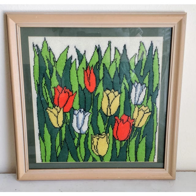 Textile Vintage Floral Needlepoint Tulips in Garden Spring Summer Flower Textile For Sale - Image 7 of 7