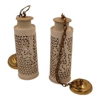 Mid 20th Century White Pierced Ceramic Pendant Lights With Brass Hardware - a Pair For Sale