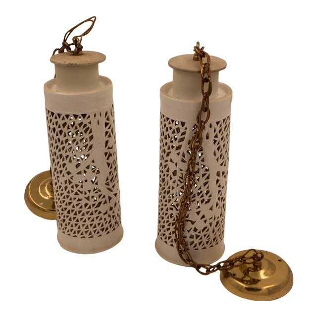 Mid 20th Century White Pierced Ceramic Pendant Lights With Brass Hardware - a Pair For Sale