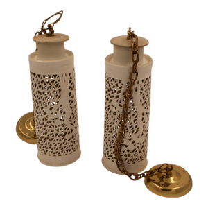 Mid 20th Century White Pierced Ceramic Pendant Lights With Brass Hardware - a Pair