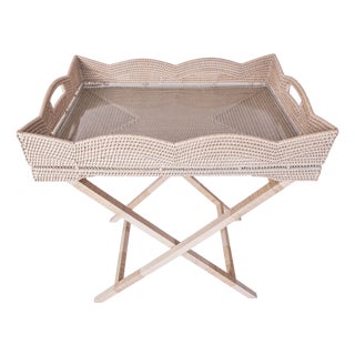 Artifacts Rattan Scallop Design Butler Tray with Wooden Legs Glass Insert, White Wash For Sale