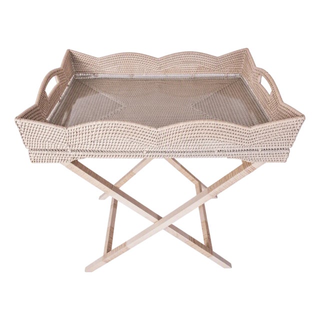 Artifacts Rattan Scallop Design Butler Tray with Wooden Legs Glass Insert, White Wash For Sale