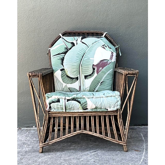 Bielecky Brothers Vintage Stuck Rattan Lounge Chair in Stockwell Performance “Martinique” For Sale - Image 4 of 12