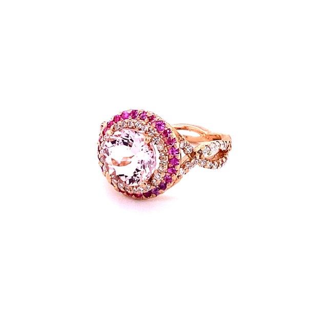 Contemporary 3.30 Carat Morganite Diamond 14 Karat Rose Gold Cocktail Ring, Size 7 For Sale - Image 3 of 6