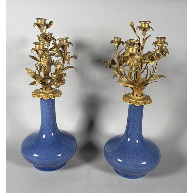 French Pair of Louis XV style floral candelabra, Napoleon III period For Sale - Image 3 of 6