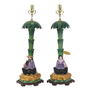 Pair of Vintage Hand-Painted Chinoiserie Tole Palm Tree and Figurine Table Lamps For Sale