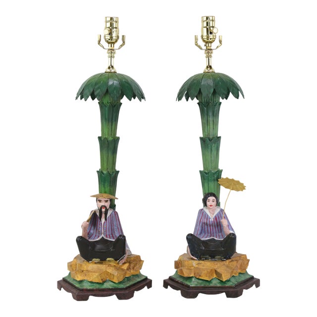 Pair of Vintage Hand-Painted Chinoiserie Tole Palm Tree and Figurine Table Lamps For Sale