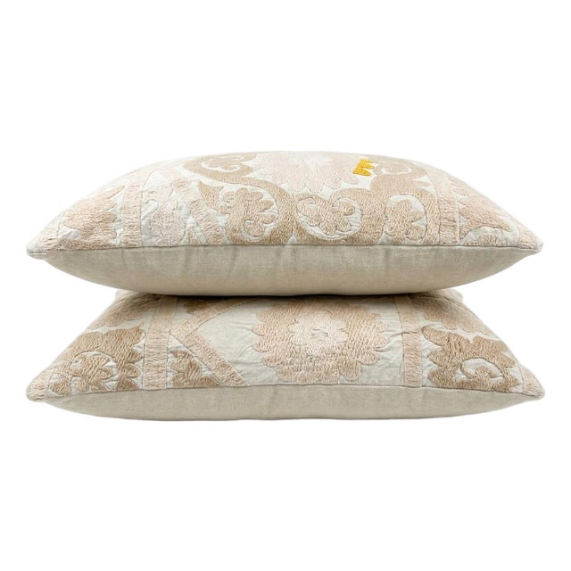 Hand Embroidered Suzani Lumbar Pillow Cover 16'' X 22'' & 16'' X 25'' - Set of Two For Sale