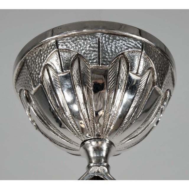 Hettier & Vincent French Art Deco Molded Glass & Nickeled Bronze Chandelier - 1930s For Sale - Image 6 of 15