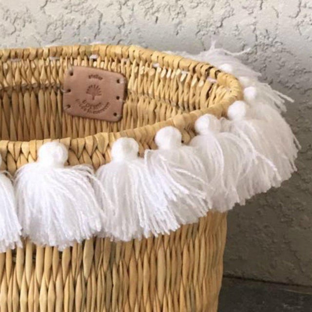 Moroccan Moroccan White Tassel Large Basket For Sale - Image 3 of 4