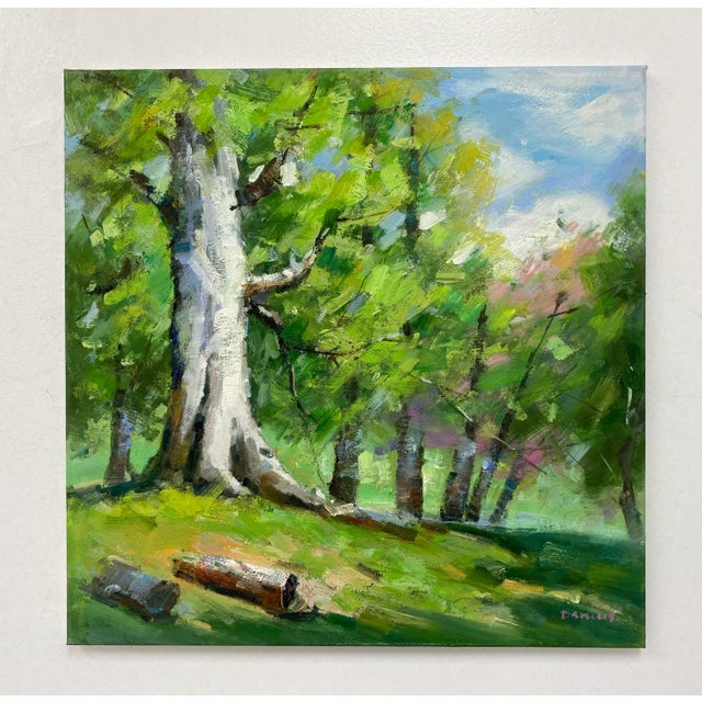 A bright and lively original oil painting on canvas capturing a sunlit woodland scene with rich greens and dappled light....