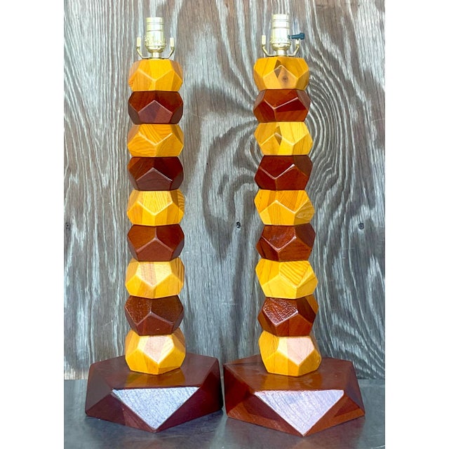 Boho Chic Vintage Boho Stacked Faceted Wood Block Lamps - a Pair For Sale - Image 3 of 6