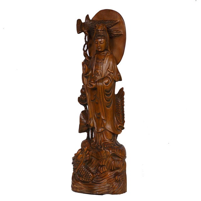 Wood Chinese Carved Guan Yin Statuary, Boxwood, Antique, Circa 1900-1940 For Sale - Image 7 of 11