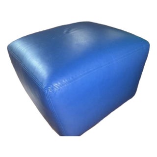 Custom A. Rudin Blue Leather Minimalist Cube Ottoman For Sale