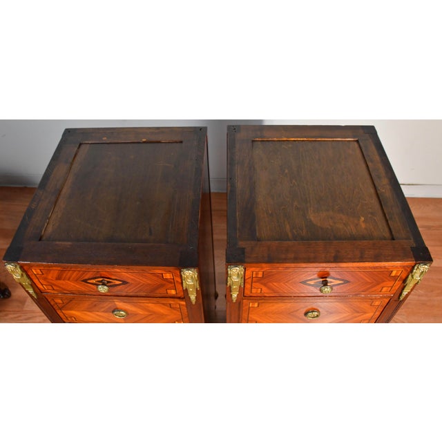 1900 Pair Antique French Louis XVI Walnut & Satinwood Marble Top Lingerie Stands For Sale - Image 12 of 12