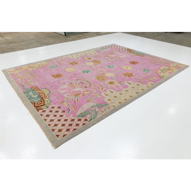 Modern Art Deco Style Handmade Wool Rug in Pink With Floral Design For Sale - Image 4 of 11
