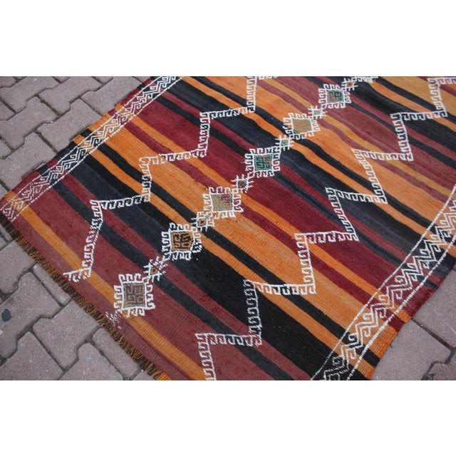 Textile 1960s Tribal Orange Striped Wool Handmade Kilim Rug For Sale - Image 7 of 13