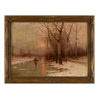 Johann Jungblut, Winter Moonlit Landscape with Figures, 19th Century, Oil on Canvas, Framed For Sale