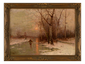 Johann Jungblut, Winter Moonlit Landscape with Figures, 19th Century, Oil on Canvas, Framed