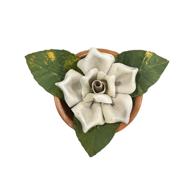 Mid 20th Century Vintage Petite Potted French Porcelain Bisque & Tole White Rose Flower / Floral Arrangement in Terracotta Pot For Sale - Image 5 of 7