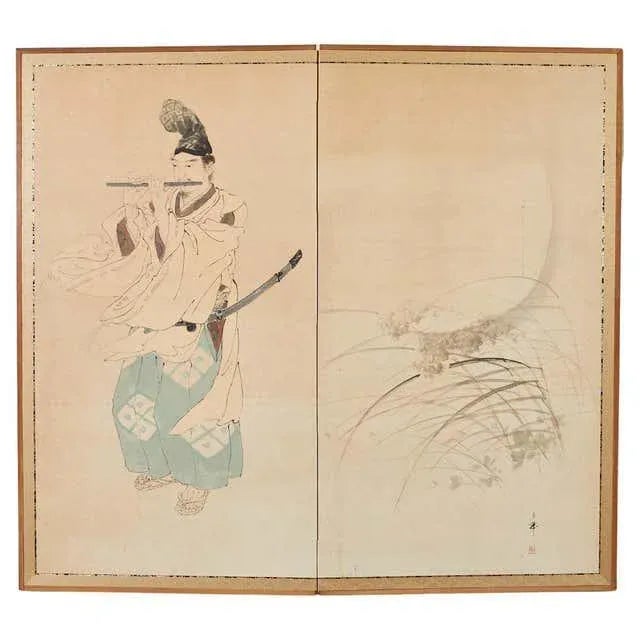 Japanese Taisho Two Panel Screen Heian Period Flute Player For Sale - Image 13 of 13