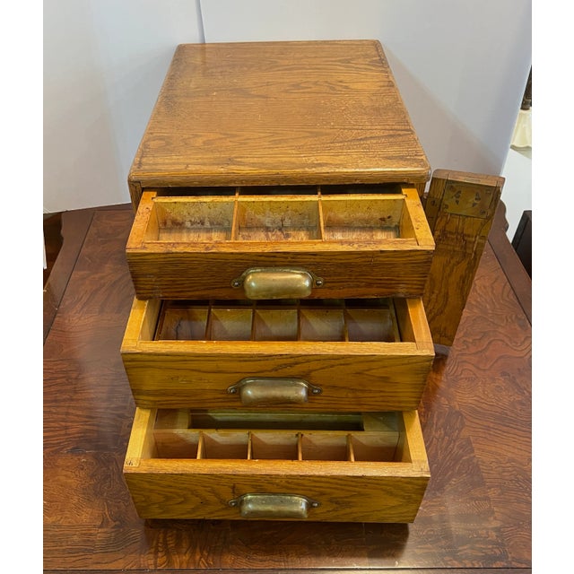 Brown 1950s Vintage Oak Post Office Locking Employees Cash & Stamp Box by National Cabinet Co. For Sale - Image 8 of 12