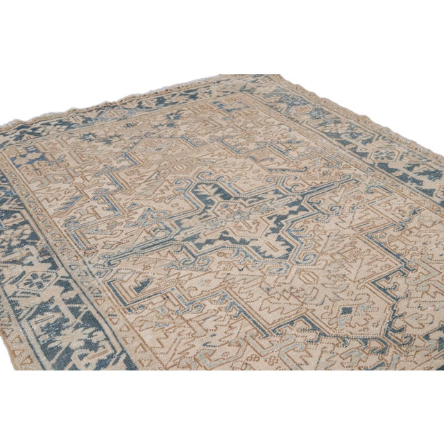 1920s Antique Heriz Shabby Chic Beige and Blue Handmade Wool Rug For Sale - Image 5 of 9