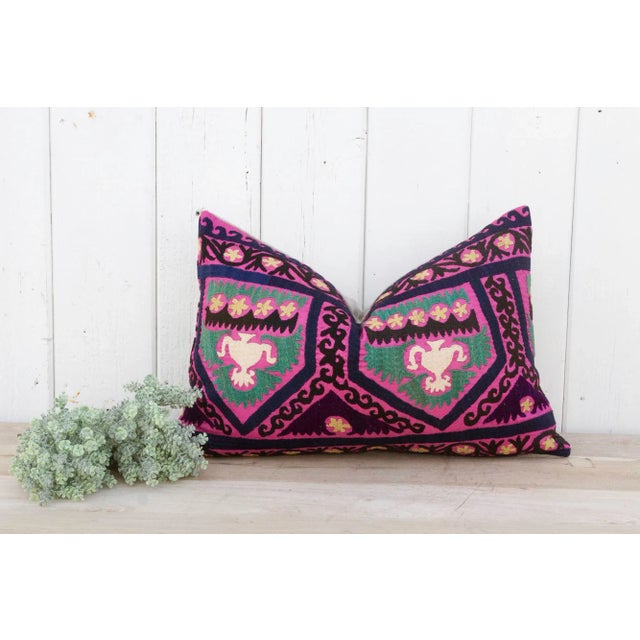 Pink Magenta Lake Suzani Lumbar Pillow For Sale - Image 8 of 9