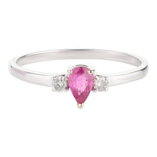 Modern Pear Ruby Diamond Three Stone Promise Ring in 14k White Gold For Sale