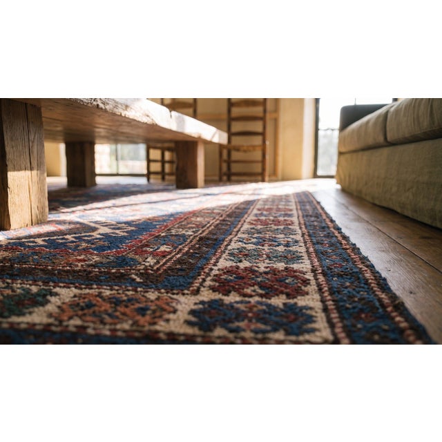 Textile 1890s Blue Navy Geoemtric Tribal Antique Caucasian Shirvan Rug 3'6" X 4'8" Handknotted Wool Carpet For Sale - Image 7 of 9