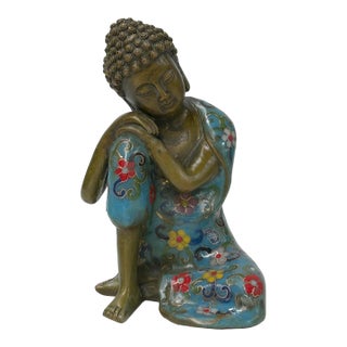 Vintage Cloisonne Enamel Lotus Resting Buddha Metal Statue For Sale