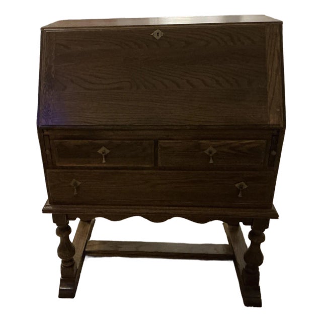 1980s Ethan Allen Jacobean Style Oak Drop Front Secretary Desk For Sale