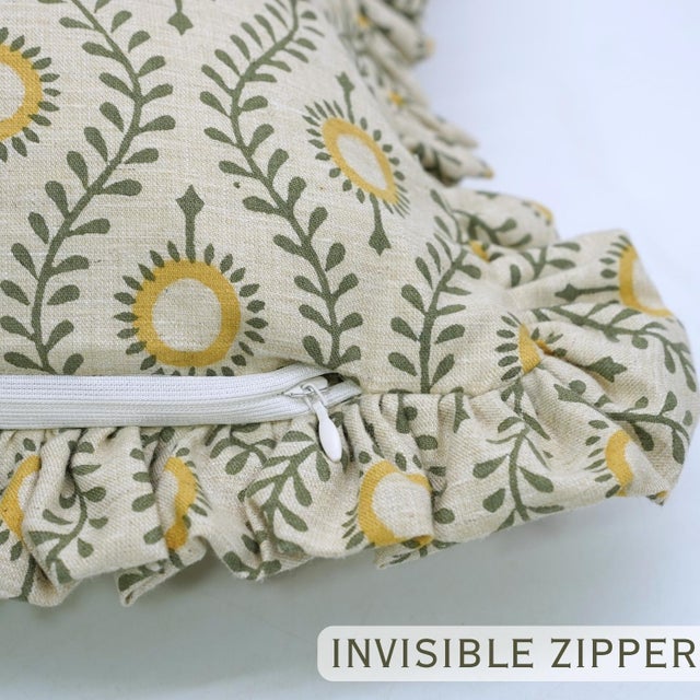 Boho Floral Block Print Frill Pillow Cover Handmade Artisan Decorative Throw 18x18 Inch- Laher For Sale - Image 4 of 6