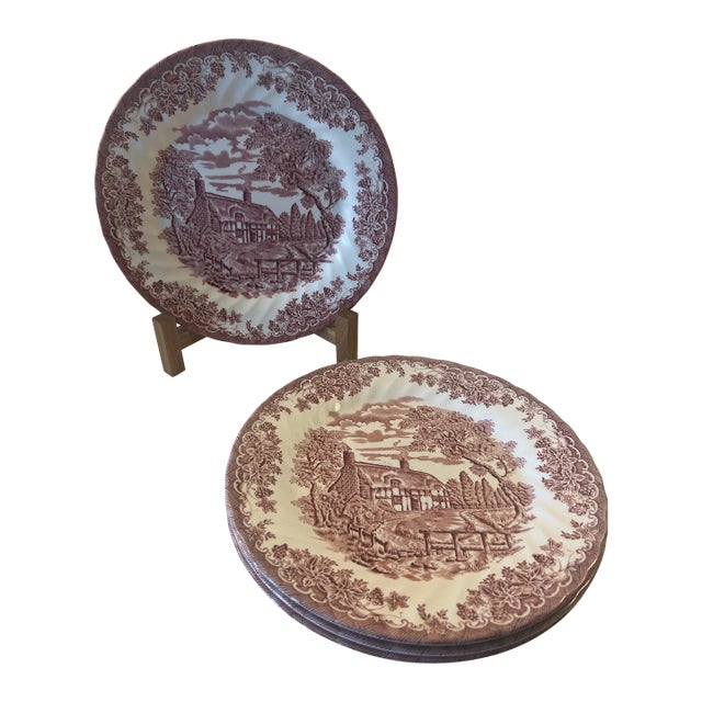 Late 20th CenturyChurchill the Brook Cottage Pink Transferware Dinner Plates- Set of 4 For Sale