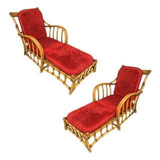 1980s Rare Paul Frankl Styled Faux Rattan Outdoor/Patio Chaise Lounge Chair, Pair For Sale