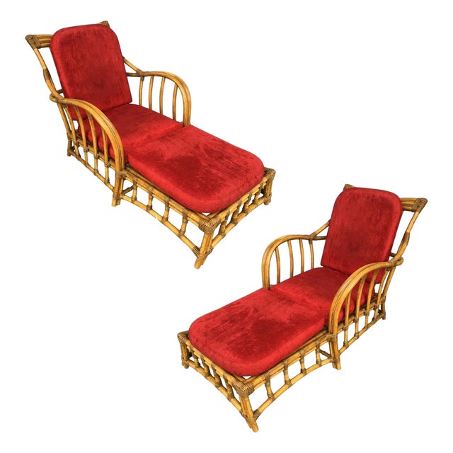 1980s Rare Paul Frankl Styled Faux Rattan Outdoor/Patio Chaise Lounge Chair, Pair For Sale