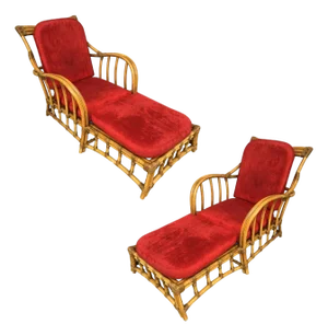 1980s Rare Paul Frankl Styled Faux Rattan Outdoor/Patio Chaise Lounge Chair, Pair