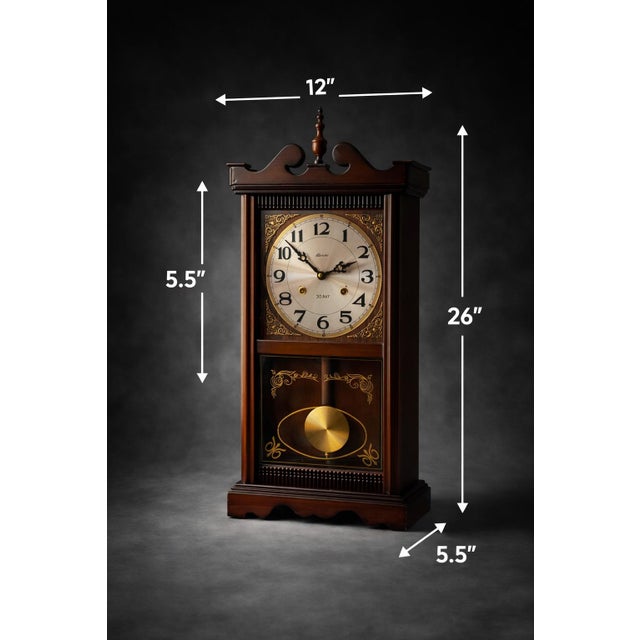 American Late 20th Century PPL 31-Day Wall Clock With Pendulum Window, Wood Case (Traditional Mechanical Style) Measurements: 26" H × 12" W × 5.5" D For Sale - Image 3 of 8