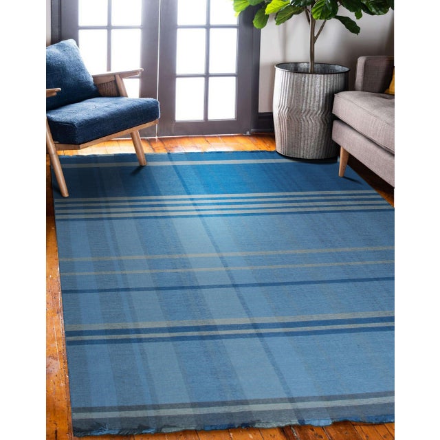 Blue Plaid Flatweave Wool Rug 10x14 For Sale - Image 4 of 9