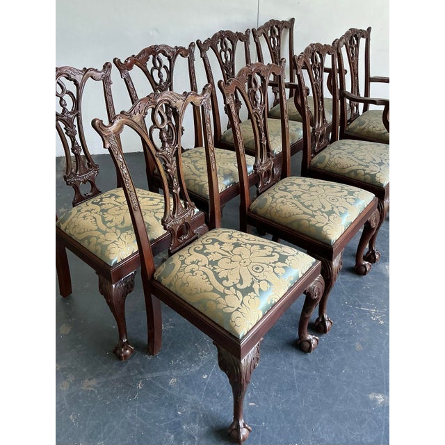 Late 20th Century Vintage Ball and Claw Chippendale Dining Chairs in Fortuny Jaquard - Set of 8 For Sale - Image 5 of 12