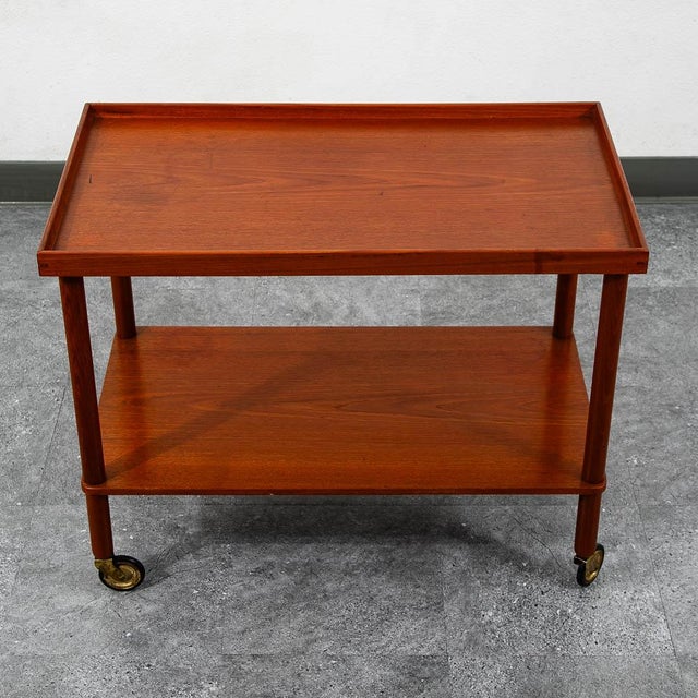 1960s Mid Century Danish Modern Serving Cart Trolley Teak Rolling Bar Glass Serving Vg For Sale - Image 12 of 12